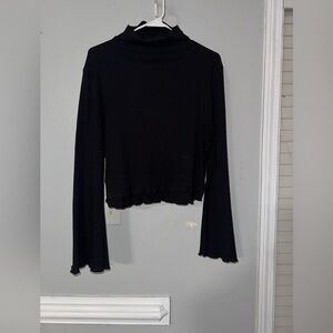 Black Mock Neck Ribbed Long Sleeve Crop Top with Bell Sleeves